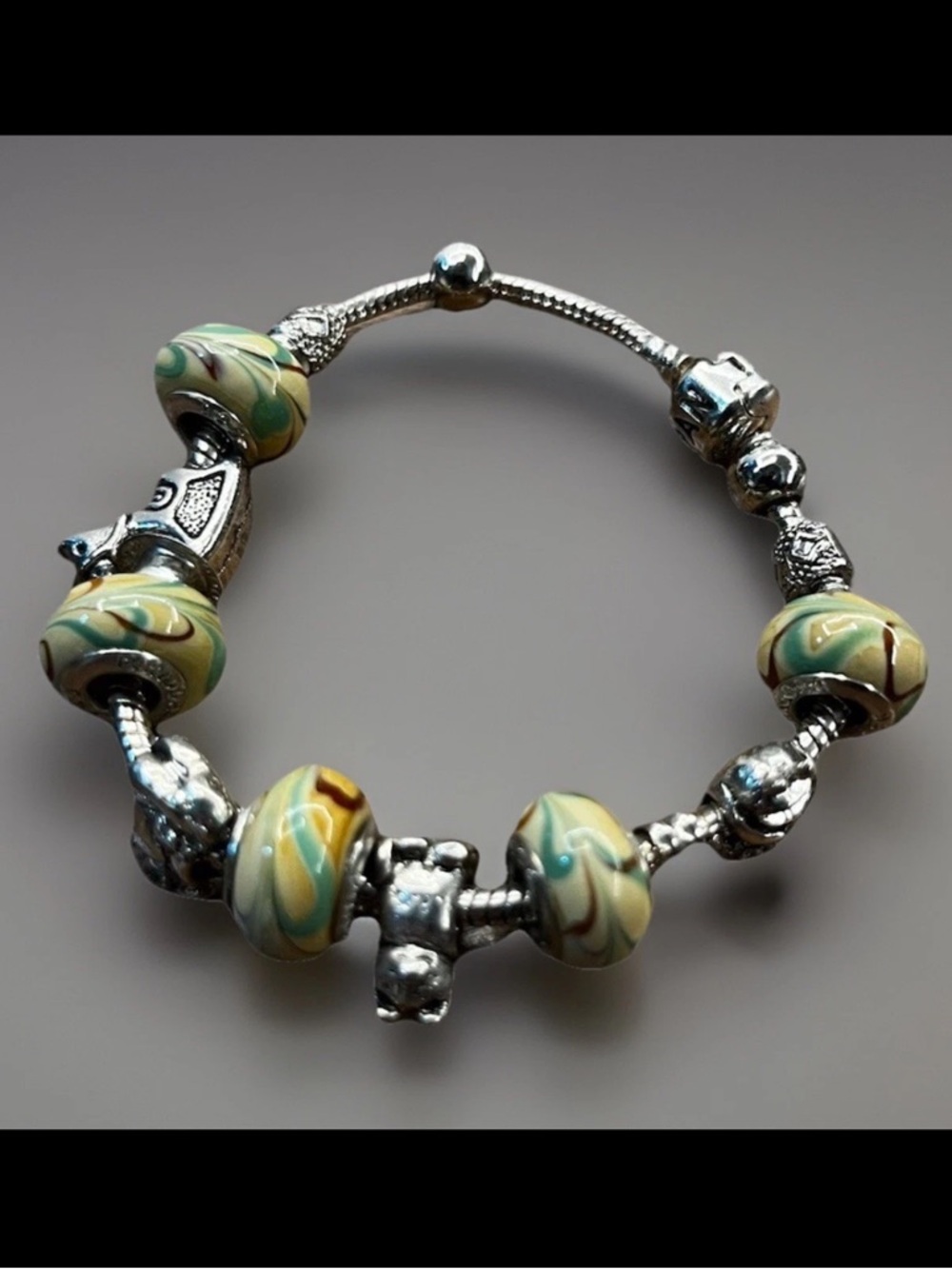 Authentic Pandora Charm Bracelet Murano Glass Cat Bunny Frog Rocking Horse